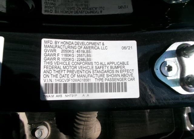 2021 HONDA ACCORD HYBRID(VIN: 1HGCV3F10MA018581
