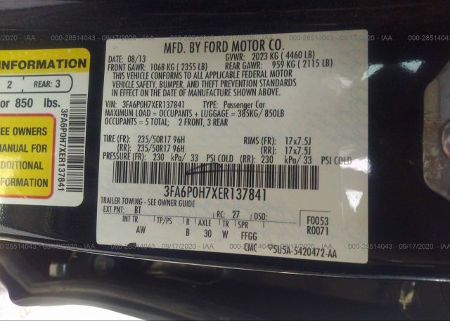 3FA6P0H7XER137841 2014 FORD FUSION