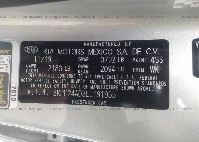 3KPF24AD3LE191955 2020 KIA FORTE