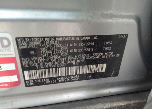 2021 TOYOTA RAV4(VIN: 2T3C1RFV5MC136645