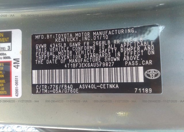 4T1BF3EK6AU579827 2010 TOYOTA CAMRY