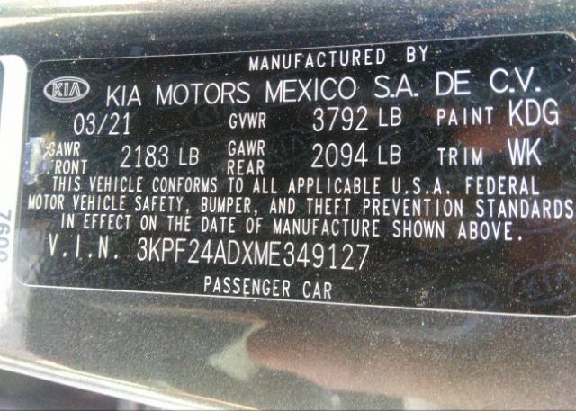 2021 KIA FORTE(VIN: 3KPF24ADXME349127