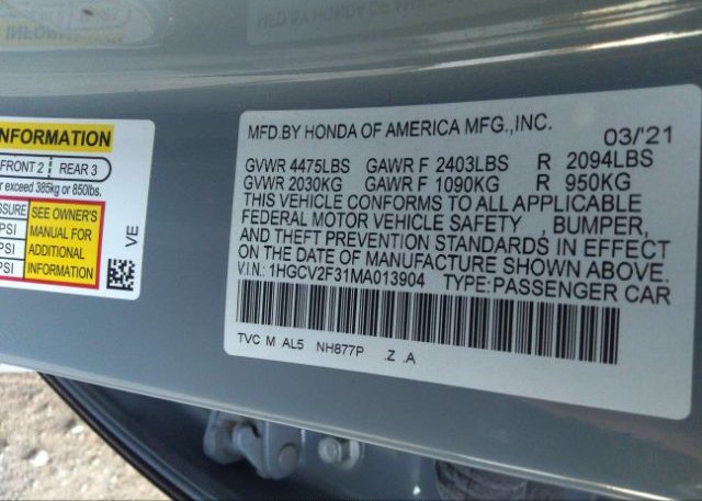 2021 HONDA ACCORD SEDAN(VIN: 1HGCV2F31MA013904
