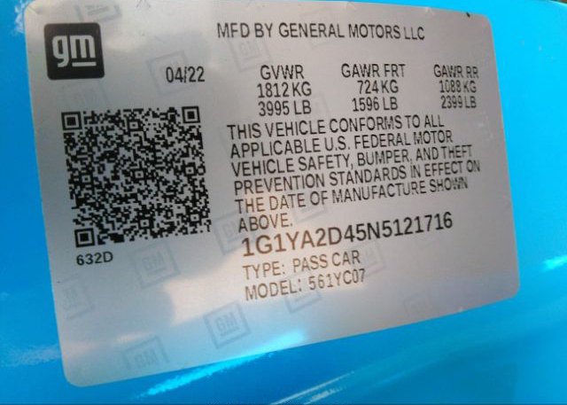 2022 CHEVROLET CORVETTE(VIN: 1G1YA2D45N5121716