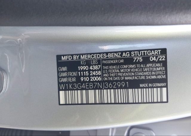 2022 MERCEDES-BENZ A-CLASS(VIN: W1K3G4EB7NJ362991