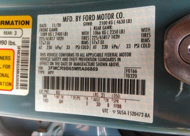 2021 FORD BRONCO SPORT(VIN: 3FMCR9B65MRA06869