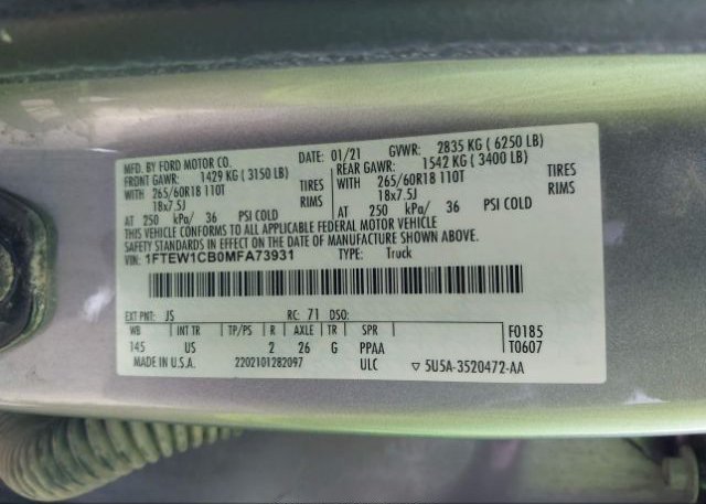 2021 FORD F-150(VIN: 1FTEW1CB0MFA73931