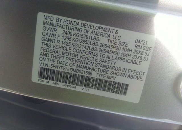 2021 HONDA PASSPORT(VIN: 5FNYF8H00MB021586