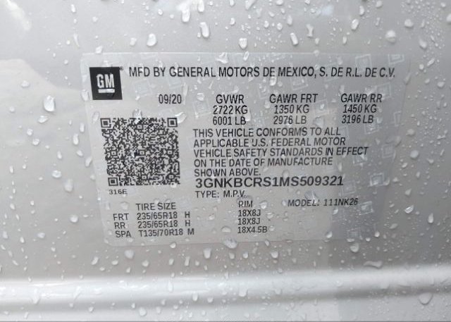 2021 CHEVROLET BLAZER(VIN: 3GNKBCRS1MS509321