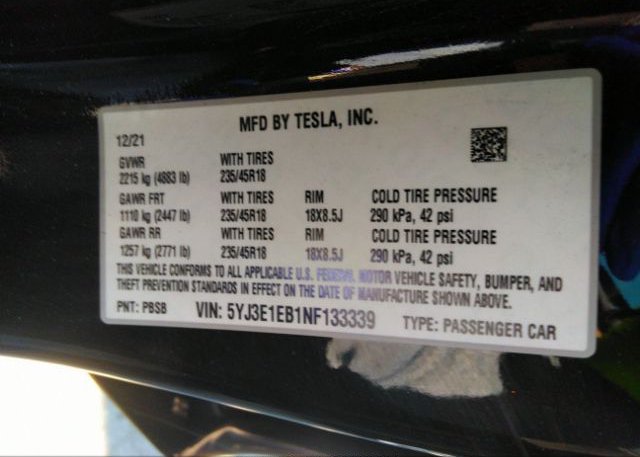 2022 TESLA MODEL 3(VIN: 5YJ3E1EB1NF133339