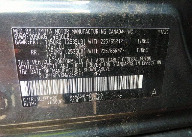 2021 TOYOTA RAV4(VIN: 2T3P1RFVXMW238541