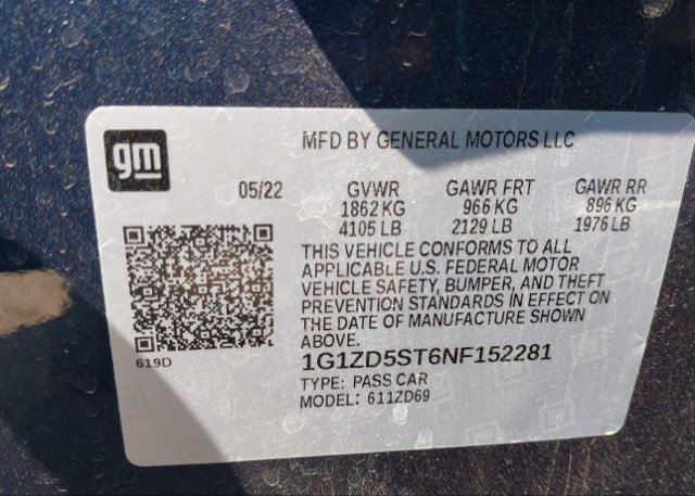 2022 CHEVROLET MALIBU(VIN: 1G1ZD5ST6NF152281