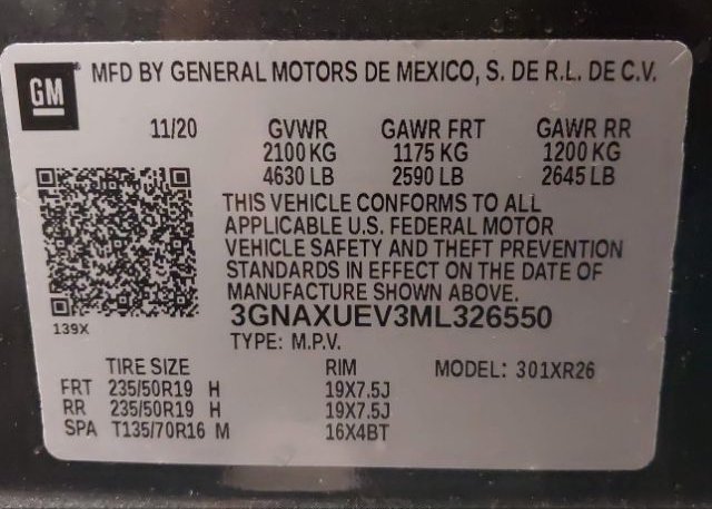 2021 CHEVROLET EQUINOX(VIN: 3GNAXUEV3ML326550