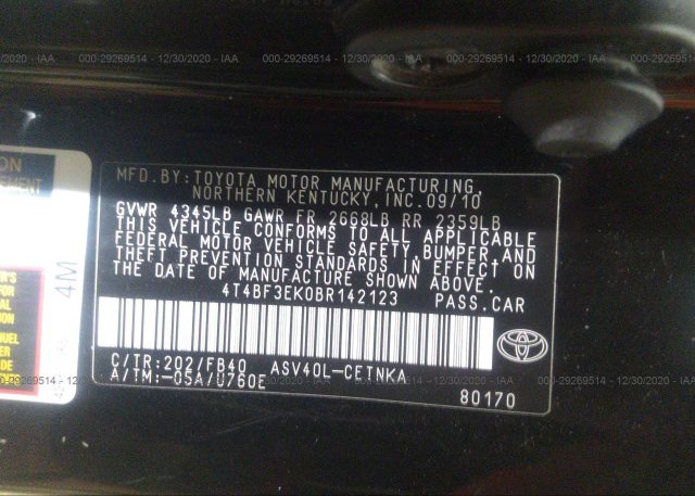 4T4BF3EK0BR142123 2011 TOYOTA CAMRY