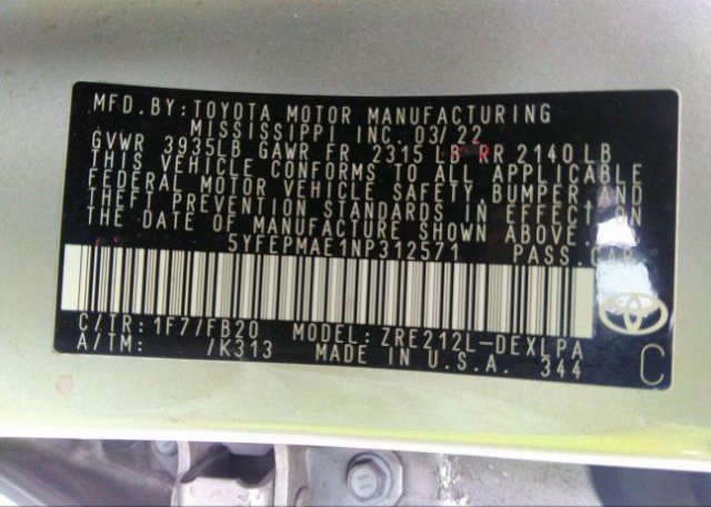 2022 TOYOTA COROLLA(VIN: 5YFEPMAE1NP312571