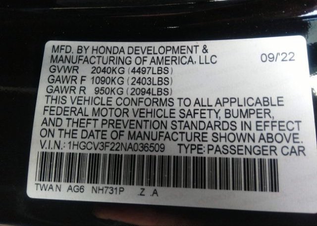 2022 HONDA ACCORD HYBRID(VIN: 1HGCV3F22NA036509