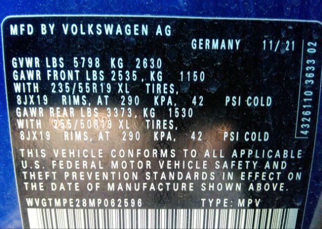2021 VOLKSWAGEN ID.4(VIN: WVGTMPE28MP062596