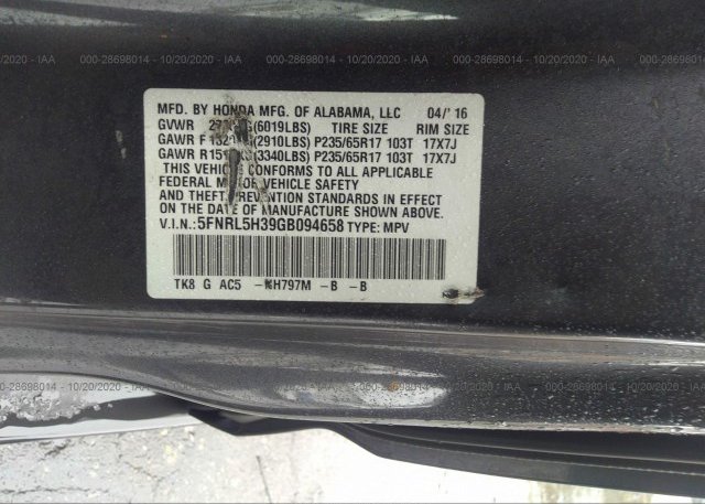 5FNRL5H39GB094658 2016 HONDA ODYSSEY