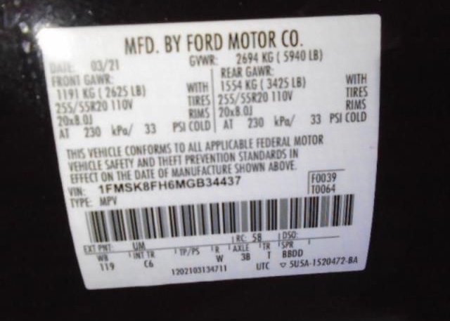 2021 FORD EXPLORER(VIN: 1FMSK8FH6MGB34437