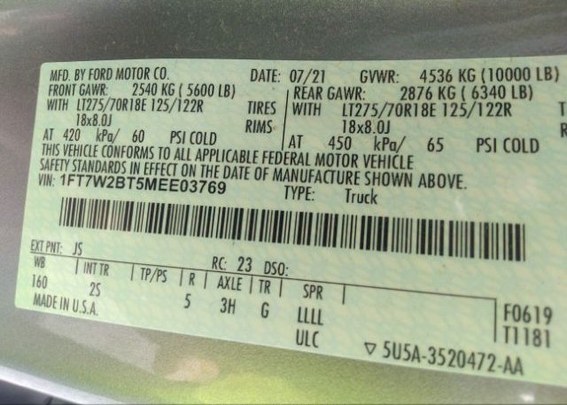 2021 FORD SUPER DUTY F-250 SRW(VIN: 1FT7W2BT5MEE03769