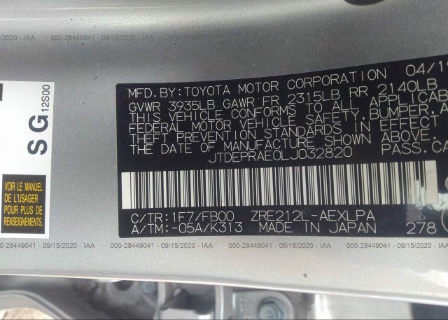 JTDEPRAE0LJ032820 2020 TOYOTA COROLLA