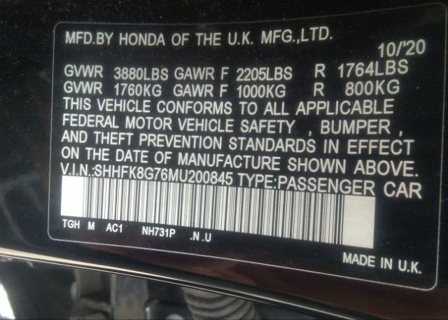 2021 HONDA CIVIC TYPE R(VIN: SHHFK8G76MU200845