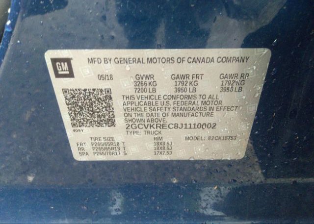 2018 CHEVROLET SILVERADO 1500 VIN: 2GCVKREC8J1110002