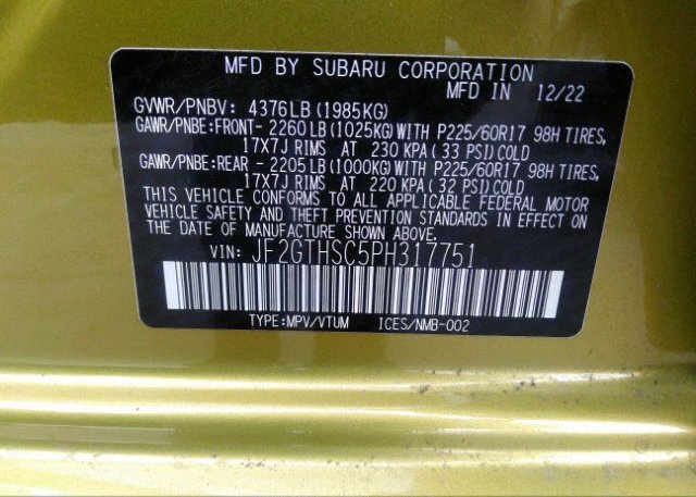 2023 SUBARU CROSSTREK(VIN: JF2GTHSC5PH317751