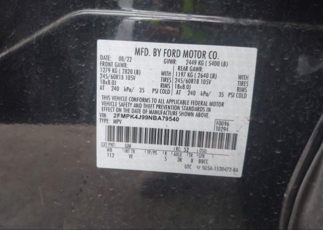 2022 FORD EDGE(VIN: 2FMPK4J99NBA79540