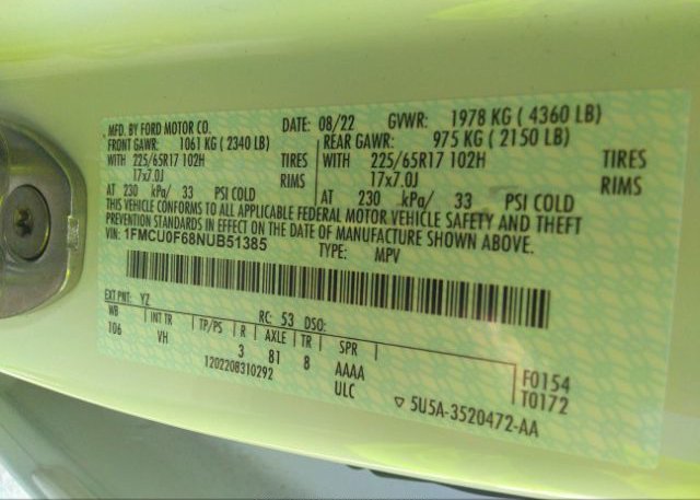 2022 FORD ESCAPE(VIN: 1FMCU0F68NUB51385