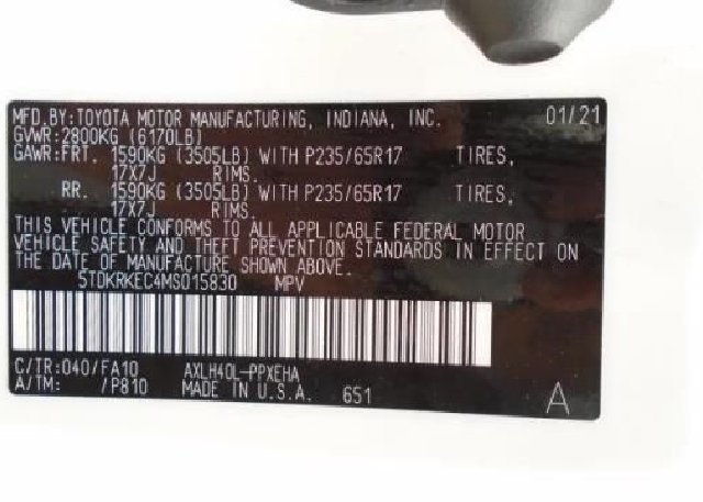 2021 TOYOTA SIENNA(VIN: 5TDKRKEC4MS015830