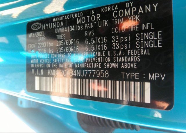 2022 HYUNDAI KONA(VIN: KM8K2CAB4NU777958