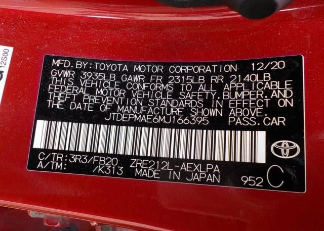 2021 TOYOTA COROLLA(VIN: JTDEPMAE6MJ166395
