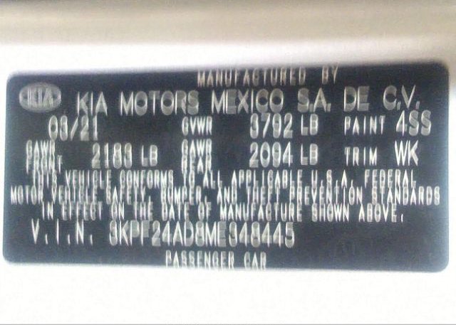 2021 KIA FORTE(VIN: 3KPF24AD8ME348445