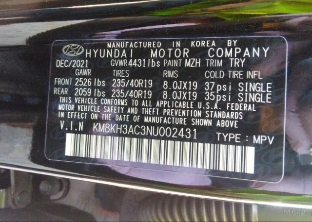 2022 HYUNDAI KONA N(VIN: KM8KH3AC3NU002431