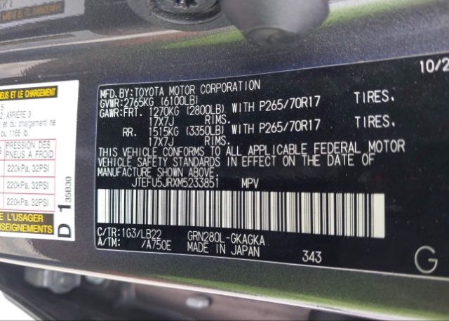 2021 TOYOTA 4RUNNER(VIN: JTEFU5JRXM5233851