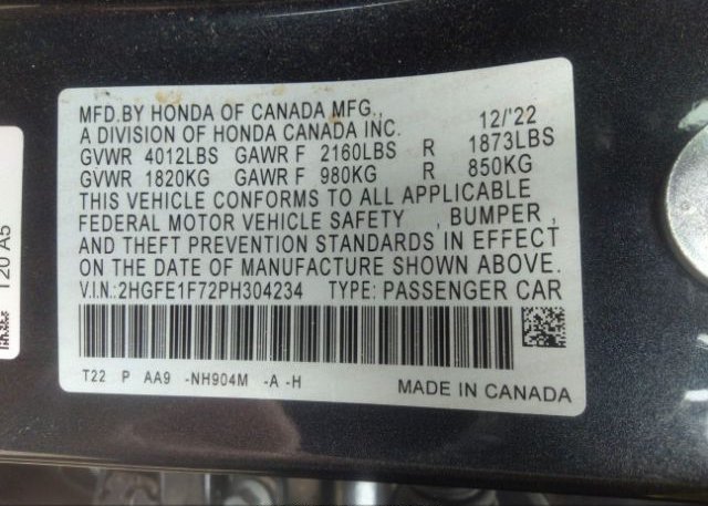 2023 HONDA CIVIC SEDAN(VIN: 2HGFE1F72PH304234
