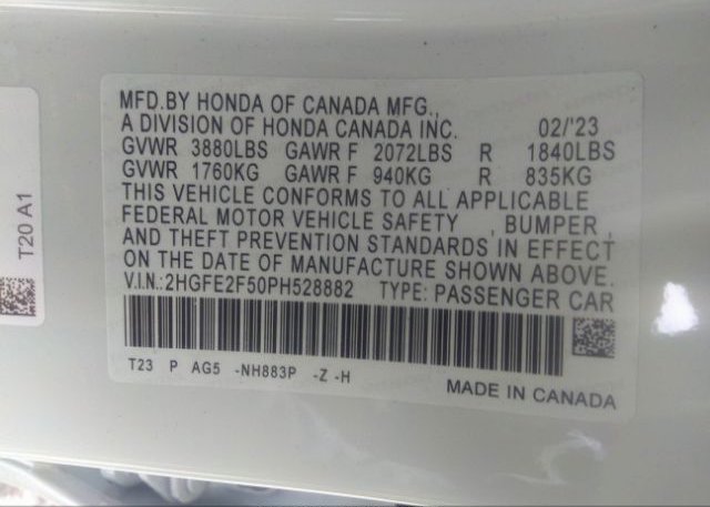 2023 HONDA CIVIC SEDAN(VIN: 2HGFE2F50PH528882