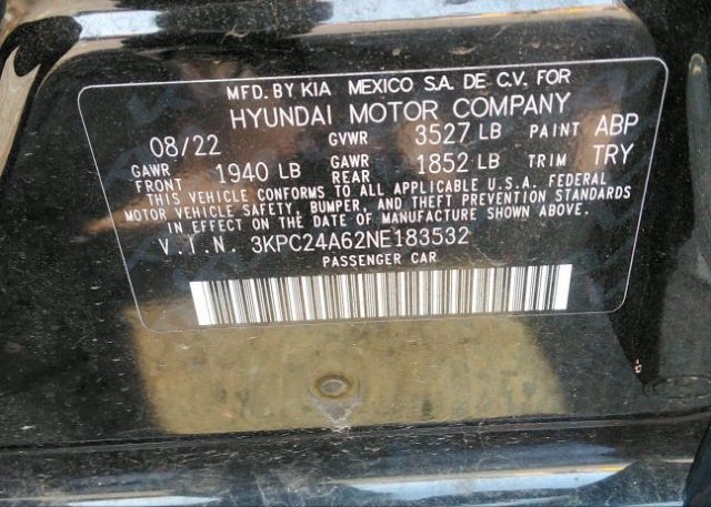 2022 HYUNDAI ACCENT(VIN: 3KPC24A62NE183532