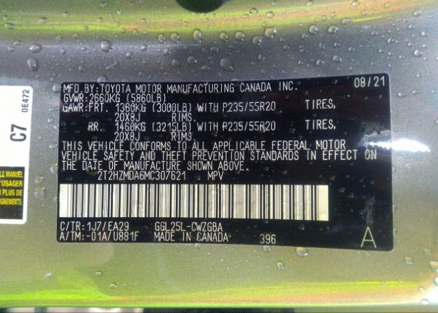 2021 LEXUS RX(VIN: 2T2HZMDA6MC307621