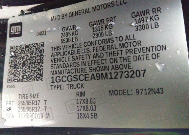 2021 CHEVROLET COLORADO(VIN: 1GCGSCEA9M1273207