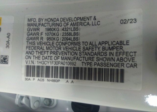 2023 HONDA ACCORD SEDAN(VIN: 1HGCY1F30PA010692
