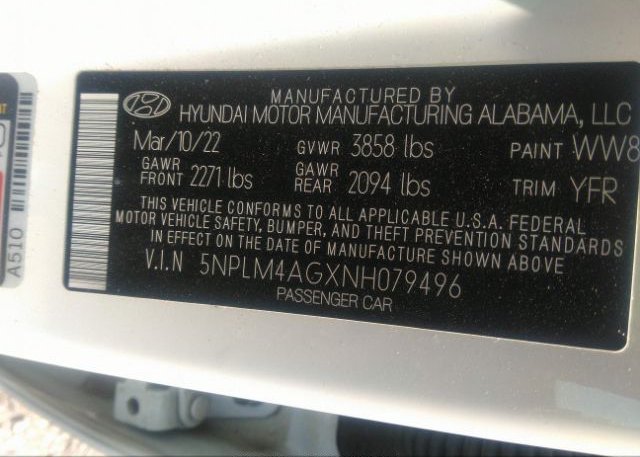 2022 HYUNDAI ELANTRA(VIN: 5NPLM4AGXNH079496