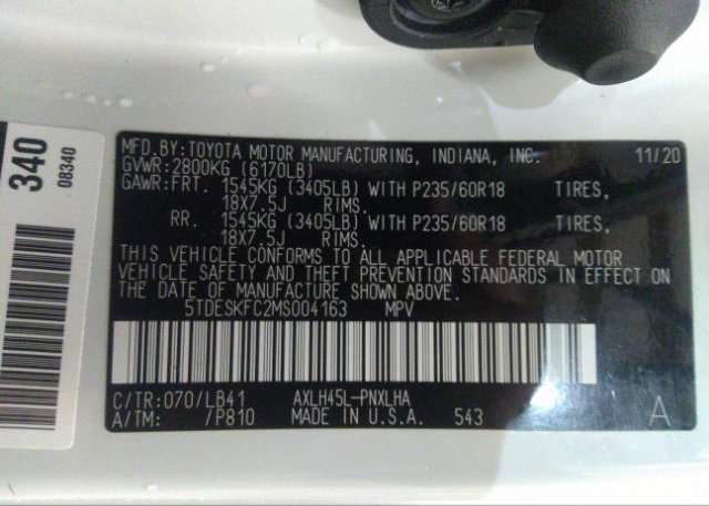 2021 TOYOTA SIENNA(VIN: 5TDESKFC2MS004163