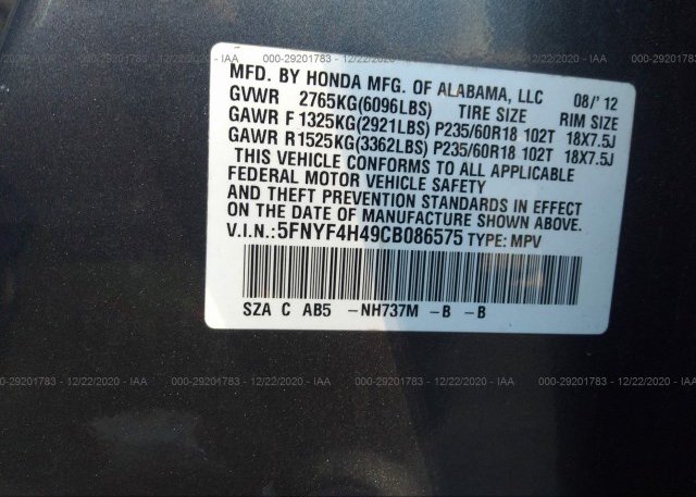 5FNYF4H49CB086575 2012 HONDA PILOT