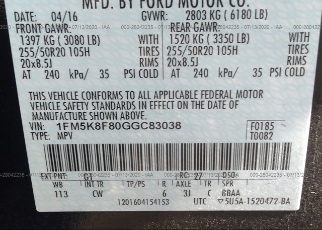 1FM5K8F80GGC83038 2016 FORD EXPLORER