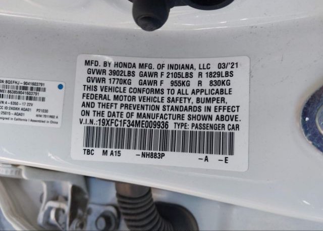 2021 HONDA CIVIC SEDAN(VIN: 19XFC1F34ME009936