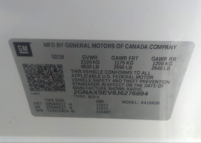 2018 CHEVROLET EQUINOX VIN: 2GNAXSEV8J6276894