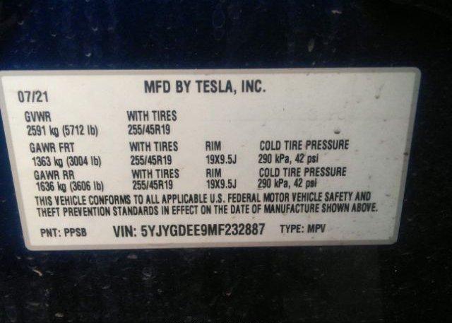 2021 TESLA MODEL Y(VIN: 5YJYGDEE9MF232887