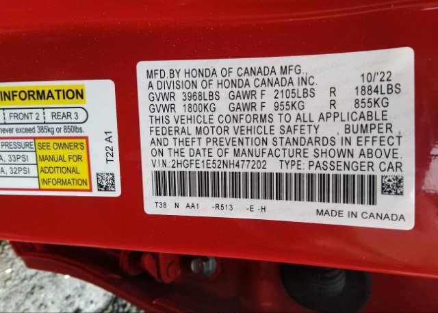 2022 HONDA CIVIC SI(VIN: 2HGFE1E52NH477202